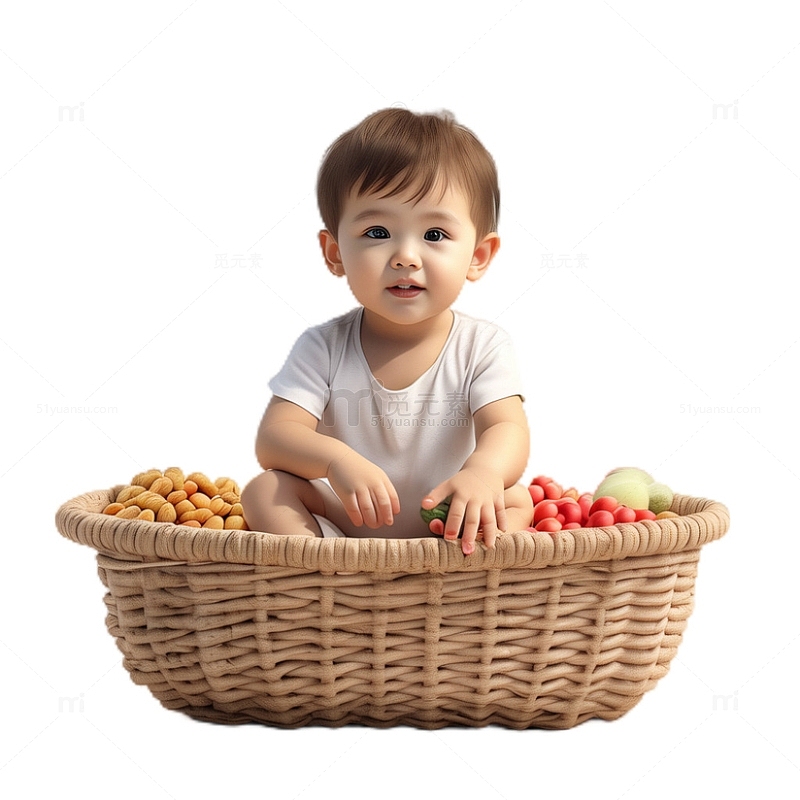 3D立体卡通坐在筐里的小孩水果