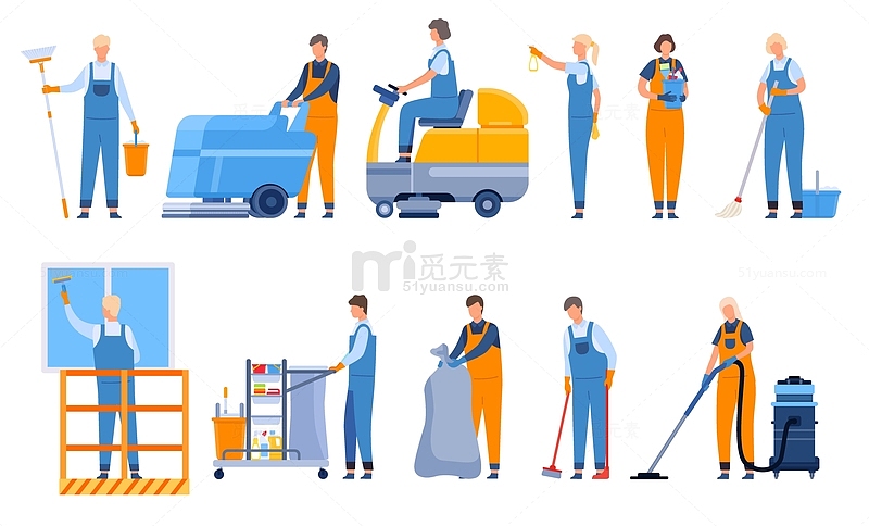 专业清洁公司工人与设备