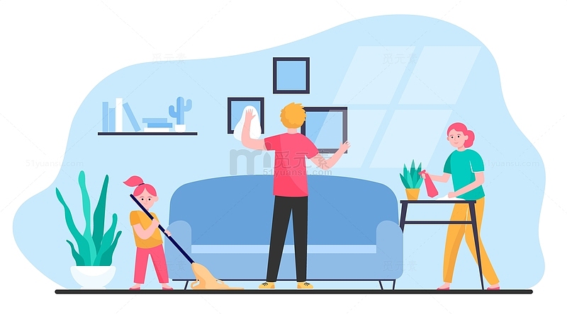 快乐的家庭清洁打扫活动插图