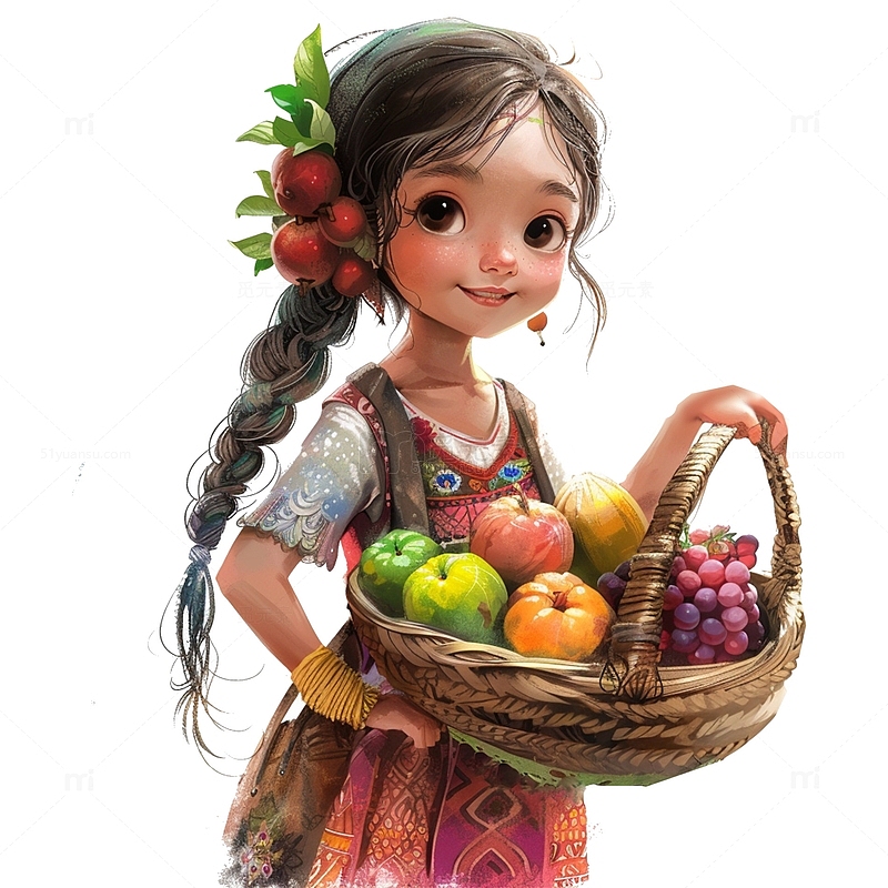 抱着水果篮的姑娘