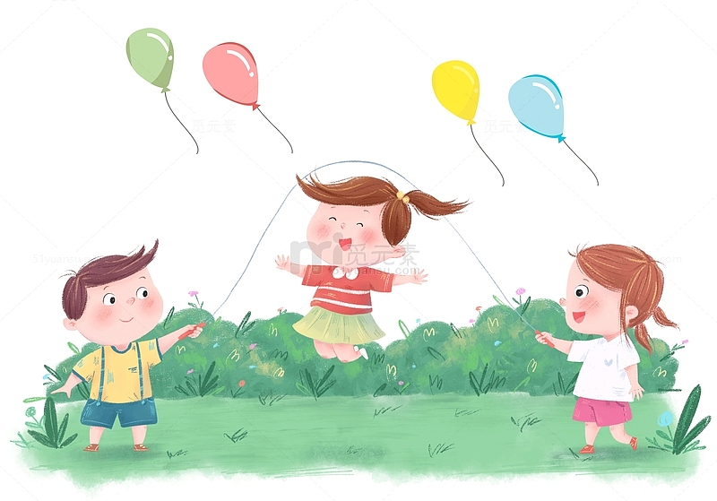 手绘卡通气球草丛跳绳儿童六一儿童节