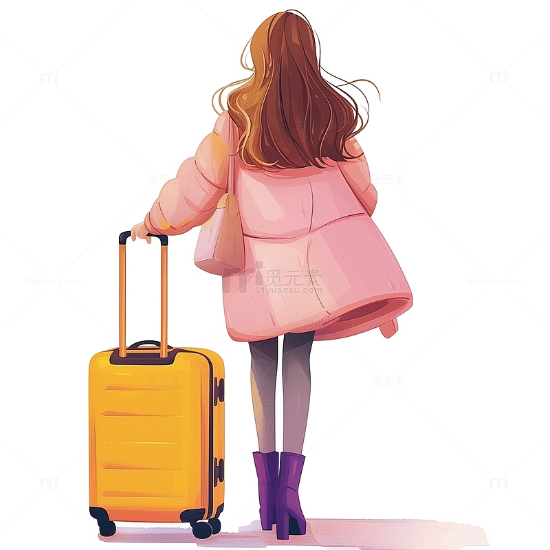 拖着行李箱的女生卡通插画风格