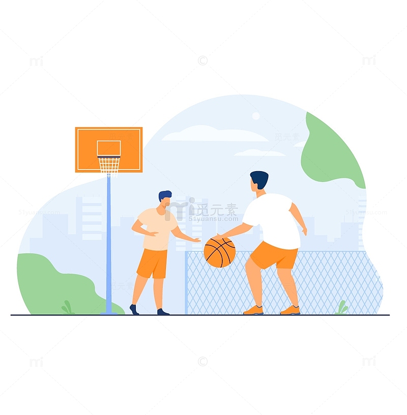俩人在篮球场打球