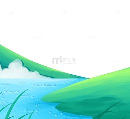 手绘卡通山坡河流草丛