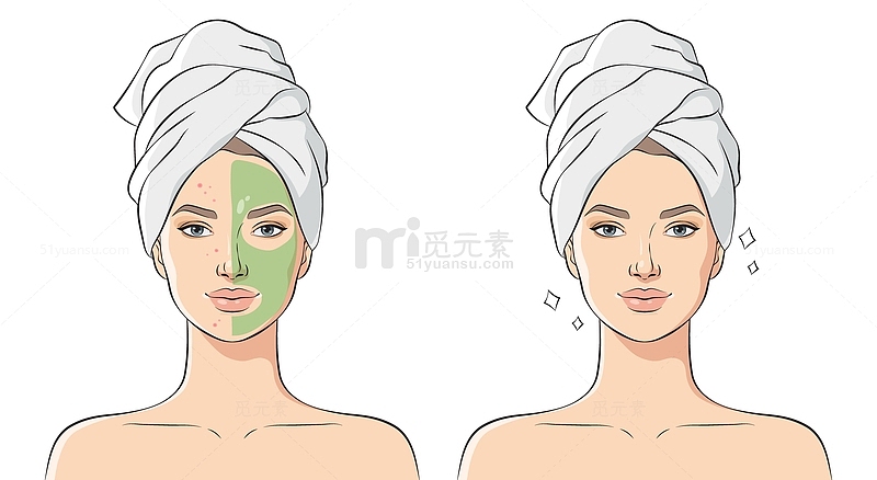 皮肤有问题的女性使用化妆品面膜矢量图
