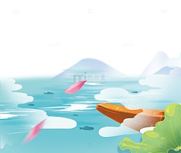 湖面泛舟小船荷叶插画元素