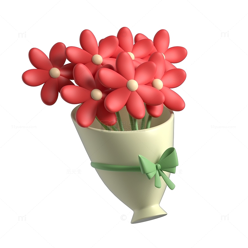 3d立体绿色小红花礼物花朵元素