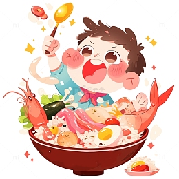 正在吃美食的男孩卡通风格