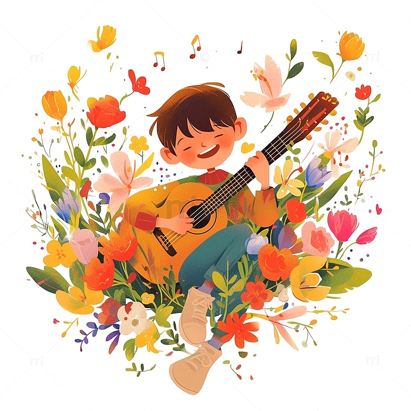 坐在花丛弹吉他的男孩