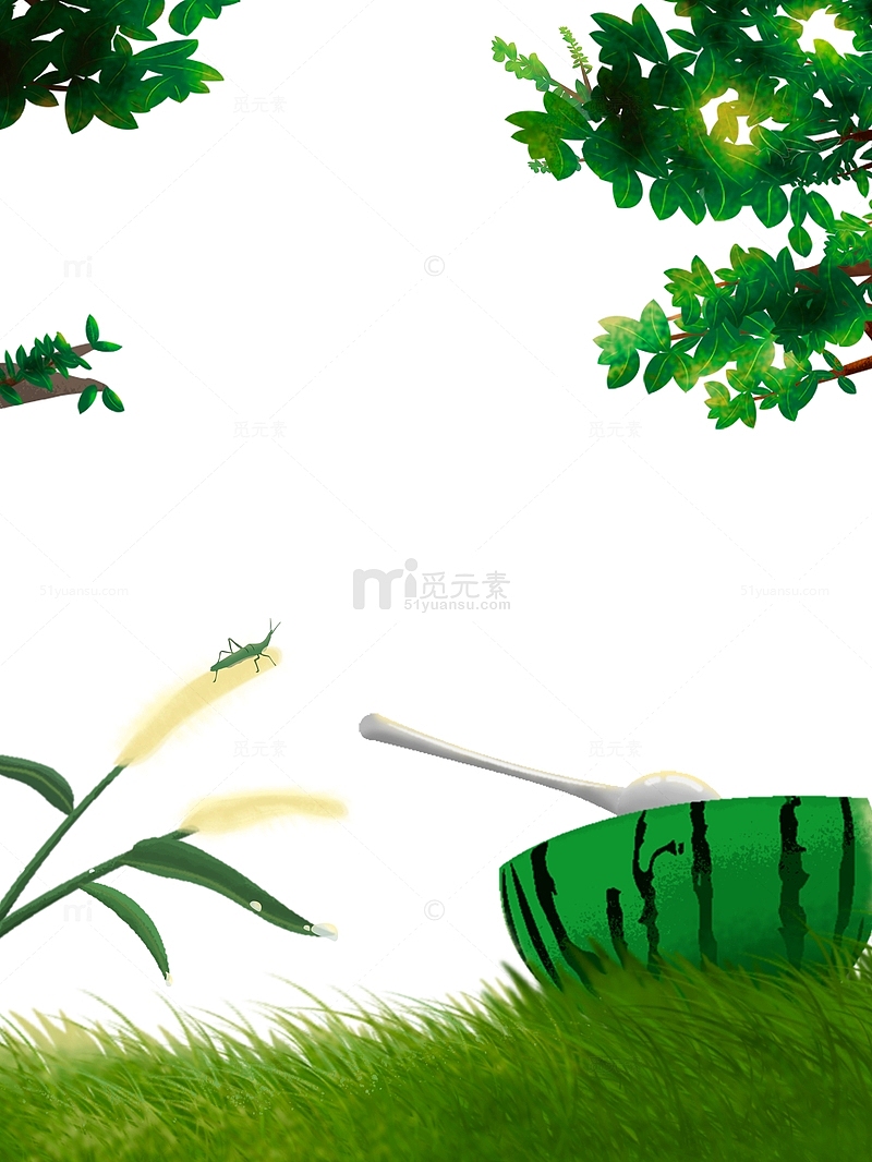 草坪上的西瓜小暑插画