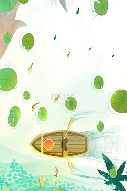 清新夏季荷塘湖面泛舟插画元素