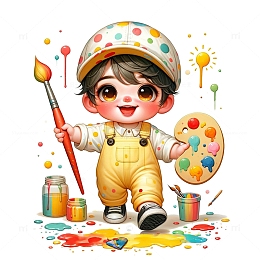拿画笔可爱小男孩卡通风格