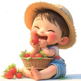 卡通可爱男孩吃草莓