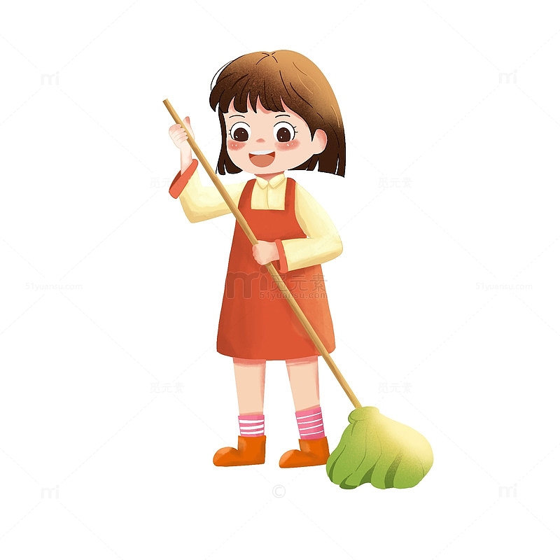儿童劳动打扫扫地拖地手绘卡通