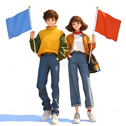 手拿旗帜的青年人物