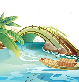 小桥流水木船手绘插画