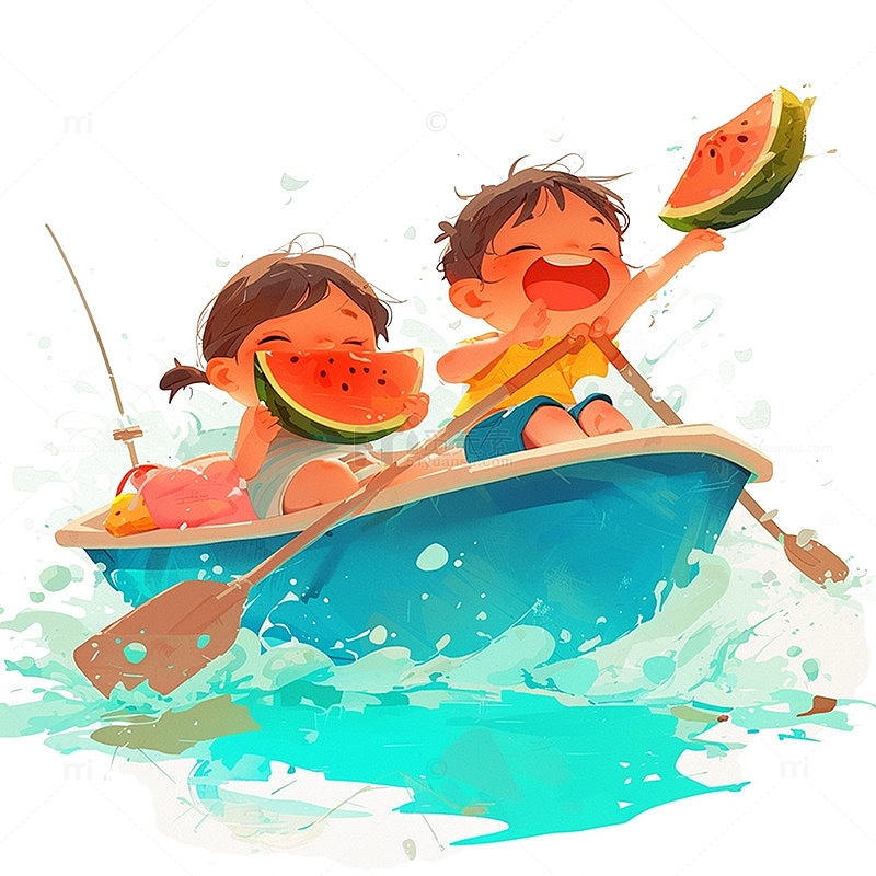 夏日船上吃西瓜的孩童