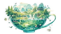 古风茶杯山水插画