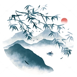 国风水墨画枝叶太阳山脉飞鸟小船