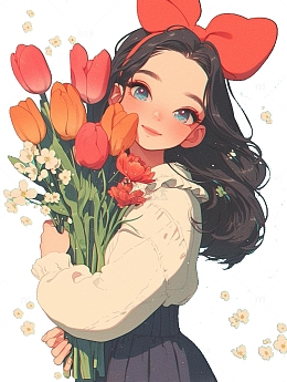 怀抱郁金香的美丽少女
