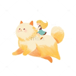 骑着橘猫的女孩可爱治愈插画