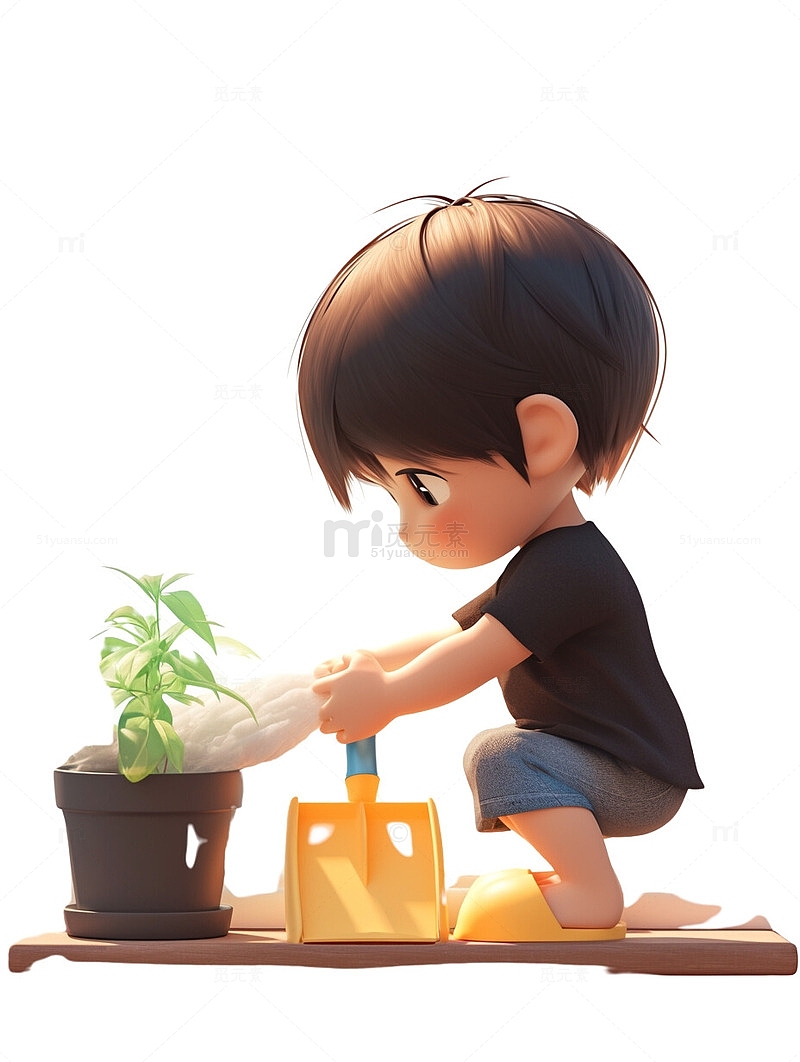 整理花草植物的男孩