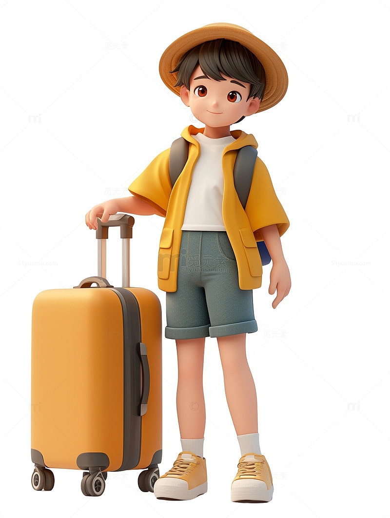 节日拿着行李箱去旅游的男孩