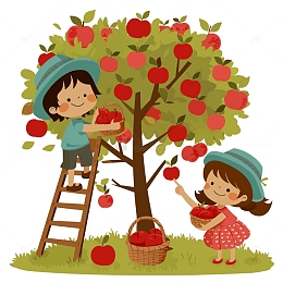 采摘苹果的卡通人物素材