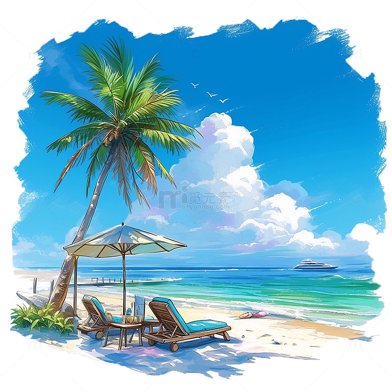 夏日蓝天沙滩椰子树