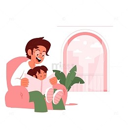 坐在爸爸怀里的孩子在看书