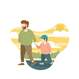 在夕阳中手牵手的父子俩