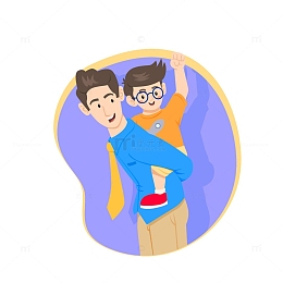 父亲背上的孩子在开心玩耍