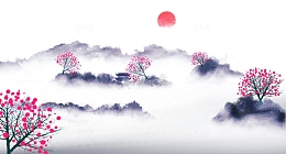 国风水墨画晕染花树亭子太阳