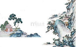 国风山水工笔画高山山峰松林树木房屋建筑