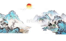 国风山水画高山山峰山石树木太阳