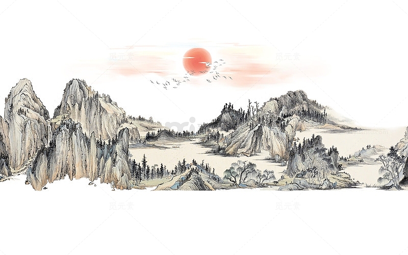 国风山水画丘陵山峰森林树木太阳飞鸟