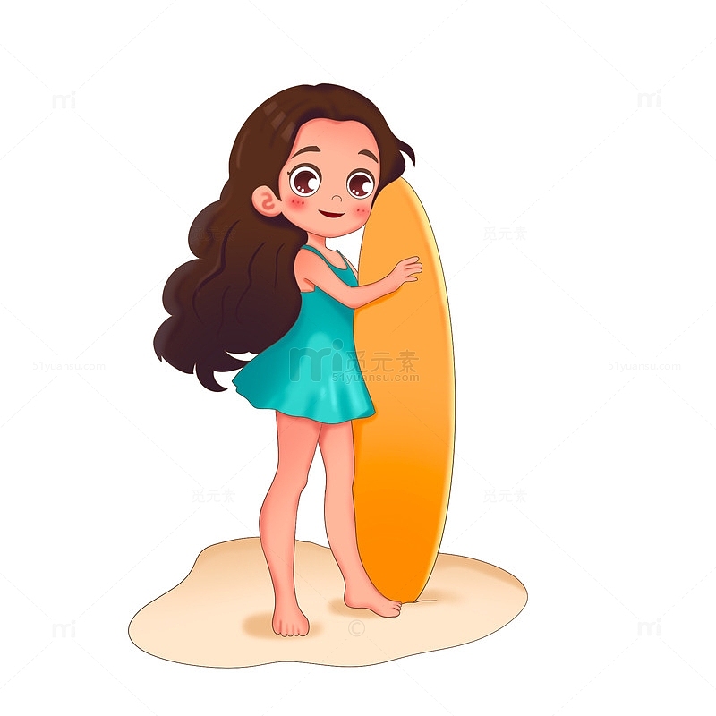 手绘夏季抱着冲浪板的女孩