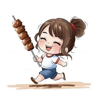 夏天夜市烧烤烤串吃货奔跑的卡通小女孩