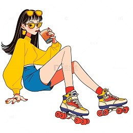 喝奶茶的国潮风女生插画