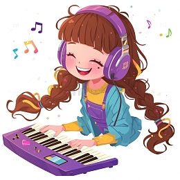 开心弹琴的可爱卡通女孩
