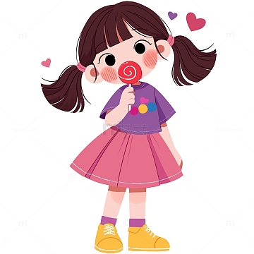 卡通可爱吃棒棒糖的小女孩