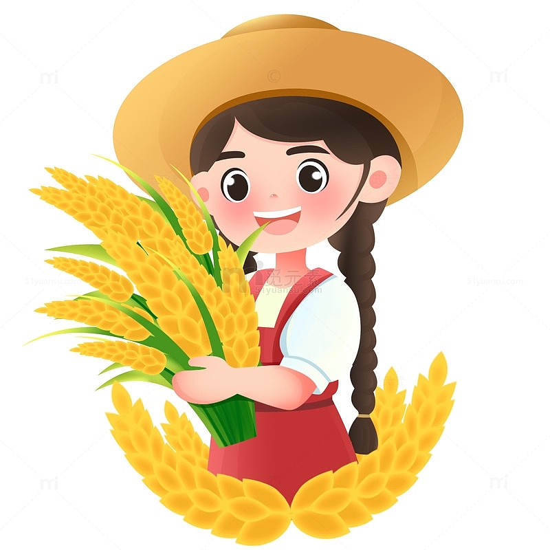劳动节丰收抱着麦穗的女孩元素