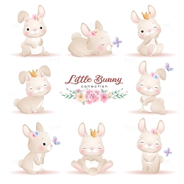 可爱的涂鸦兔子与花卉插图
