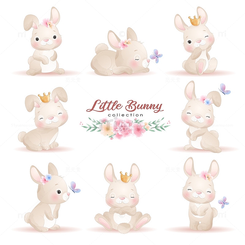 可爱的涂鸦兔子与花卉插图
