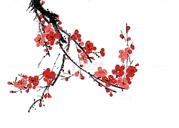 一枝绽放的红梅水墨画