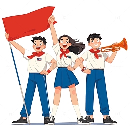 卡通风格举旗子的学生人物