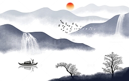 一副落日山峦水墨画