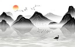 一副层层叠叠的山峦的水墨画