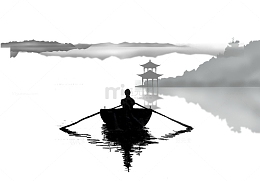 在山水中划桨前进发小船