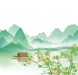 翠绿色江南山水水彩画